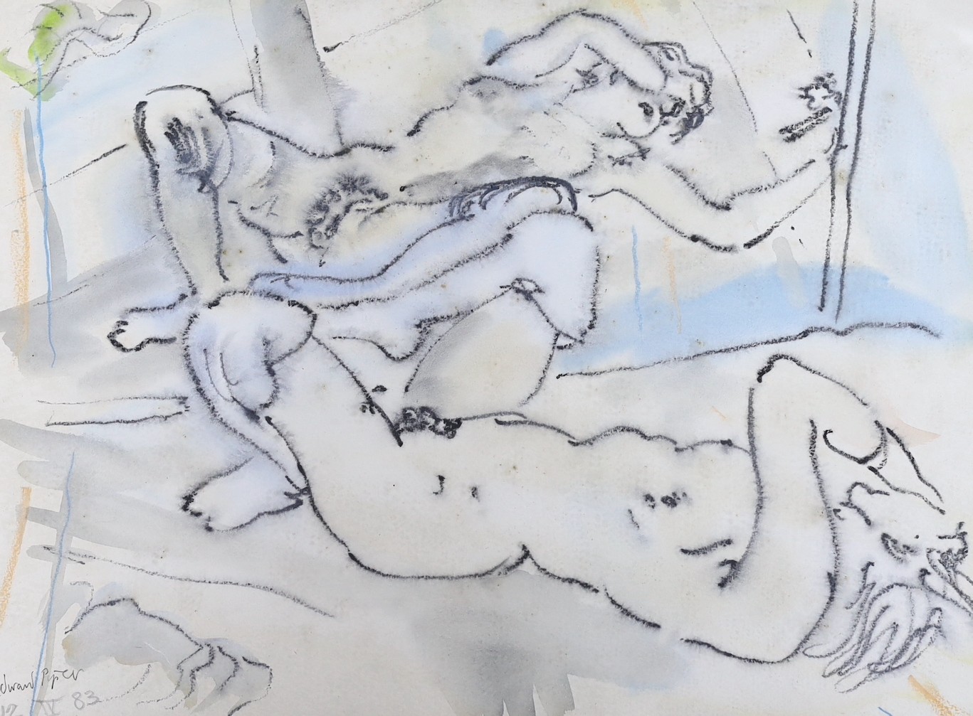 Edward Piper, charcoal and pastel on paper, a study of a recumbent figure gazing in their mirror reflection, signed